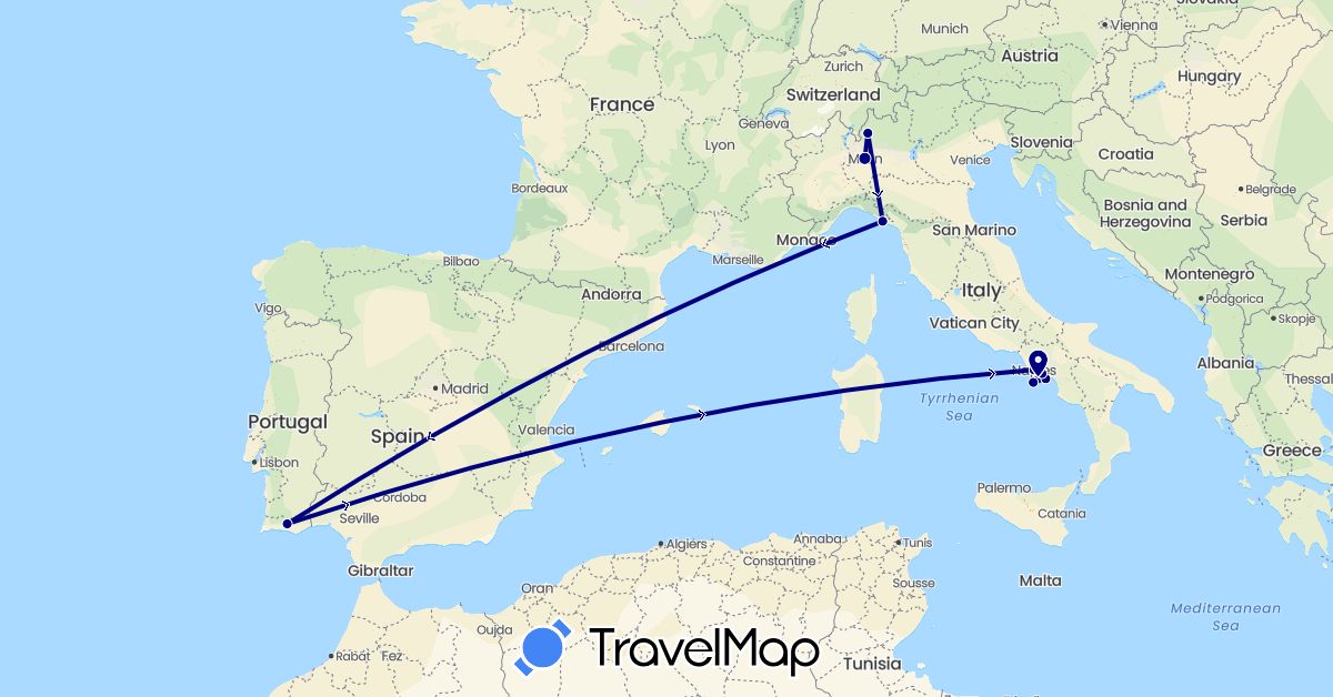 TravelMap itinerary: driving in Italy, Portugal (Europe)